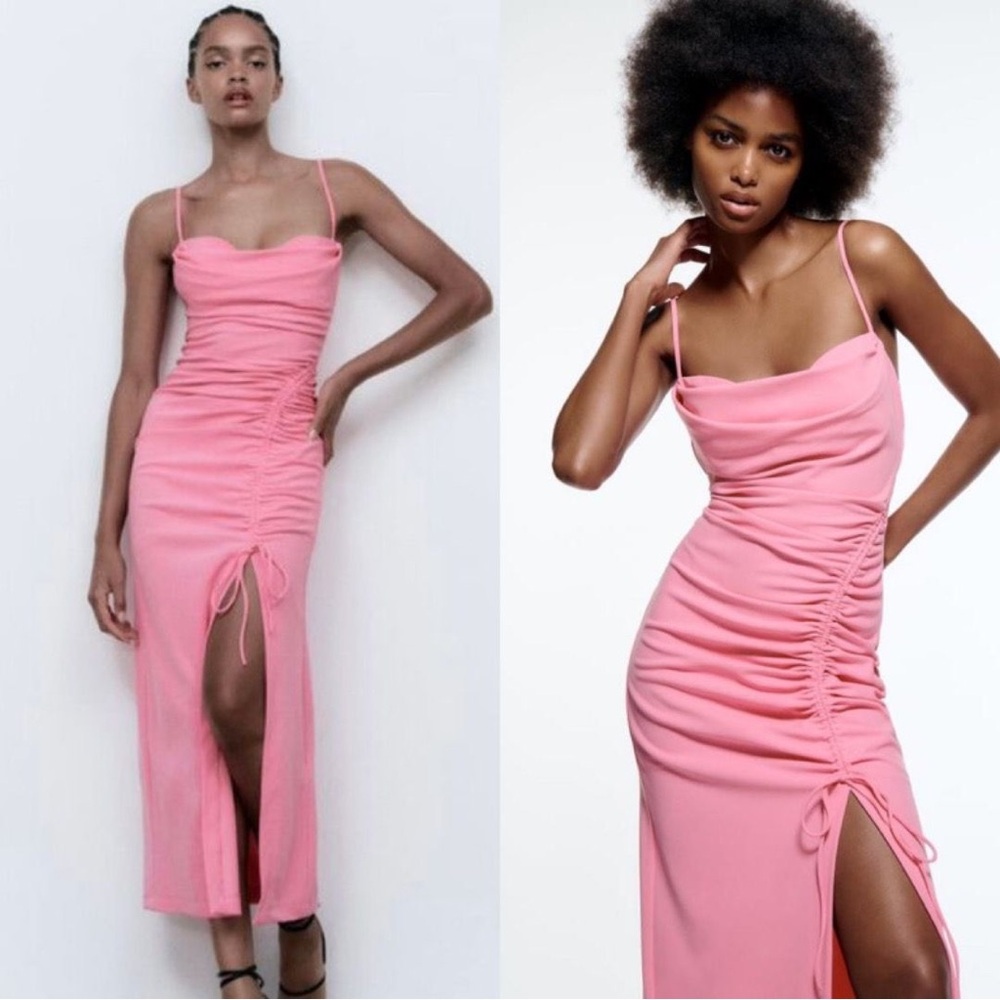 NWT | ZARA BARBIE PINK RUCHED CORSET STRETCH SLIT SUMMER VACATION MAXI DRESS